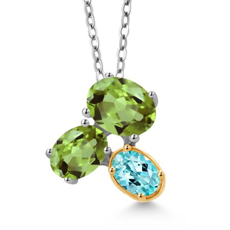 Gem Stone King 925 Silver and 10K Yellow Gold Green Peridot and Blue Apatite Pendant Necklace for Women (2.84 Cttw, Oval 8X6MM, 7X5MM and 6X4MM, Gemstone August Birthstone, with 18 inch Chain)
