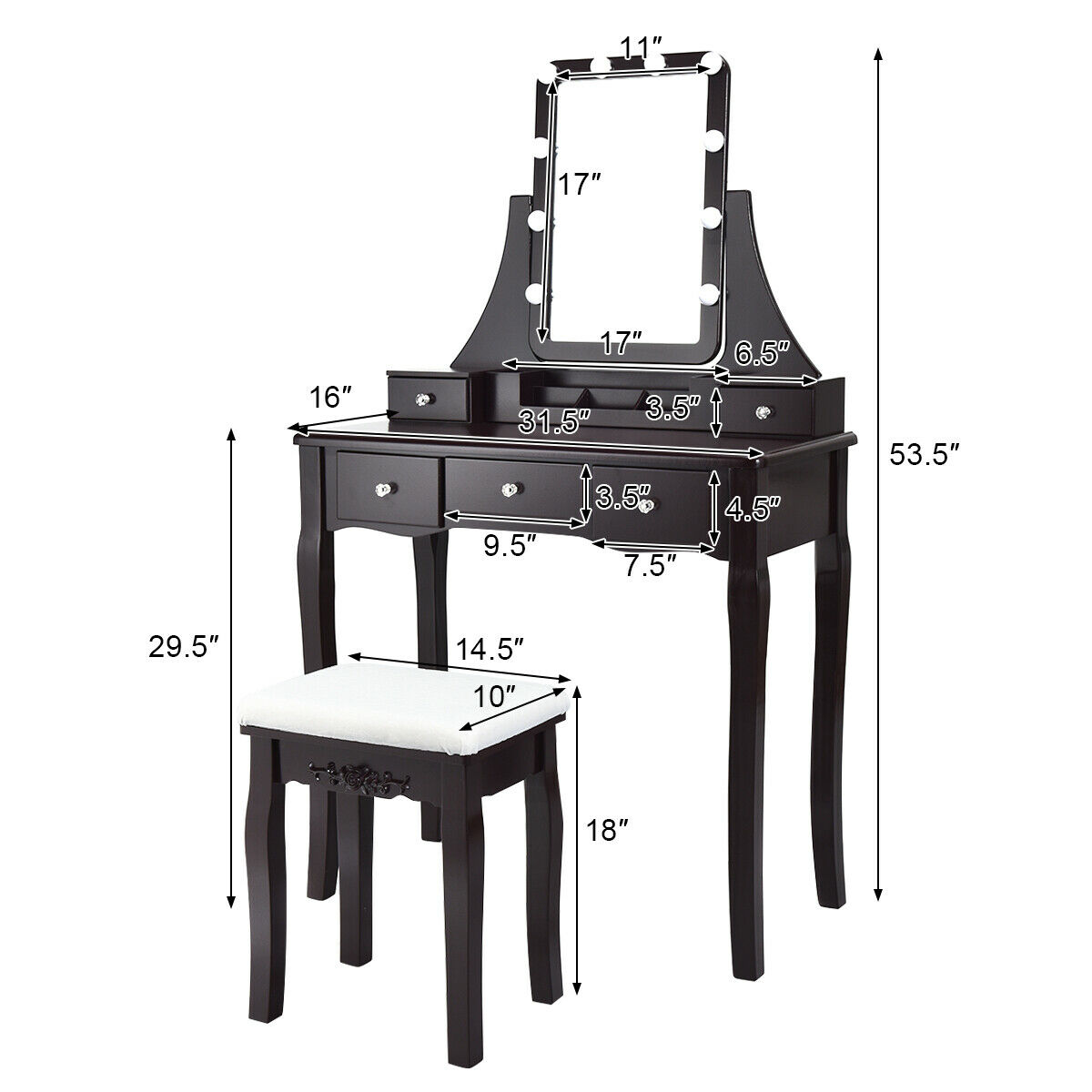 Gymax Vanity Dressing Table Set w/ 10 Dimmable Bulbs Touch Switch & Removable Box Brown