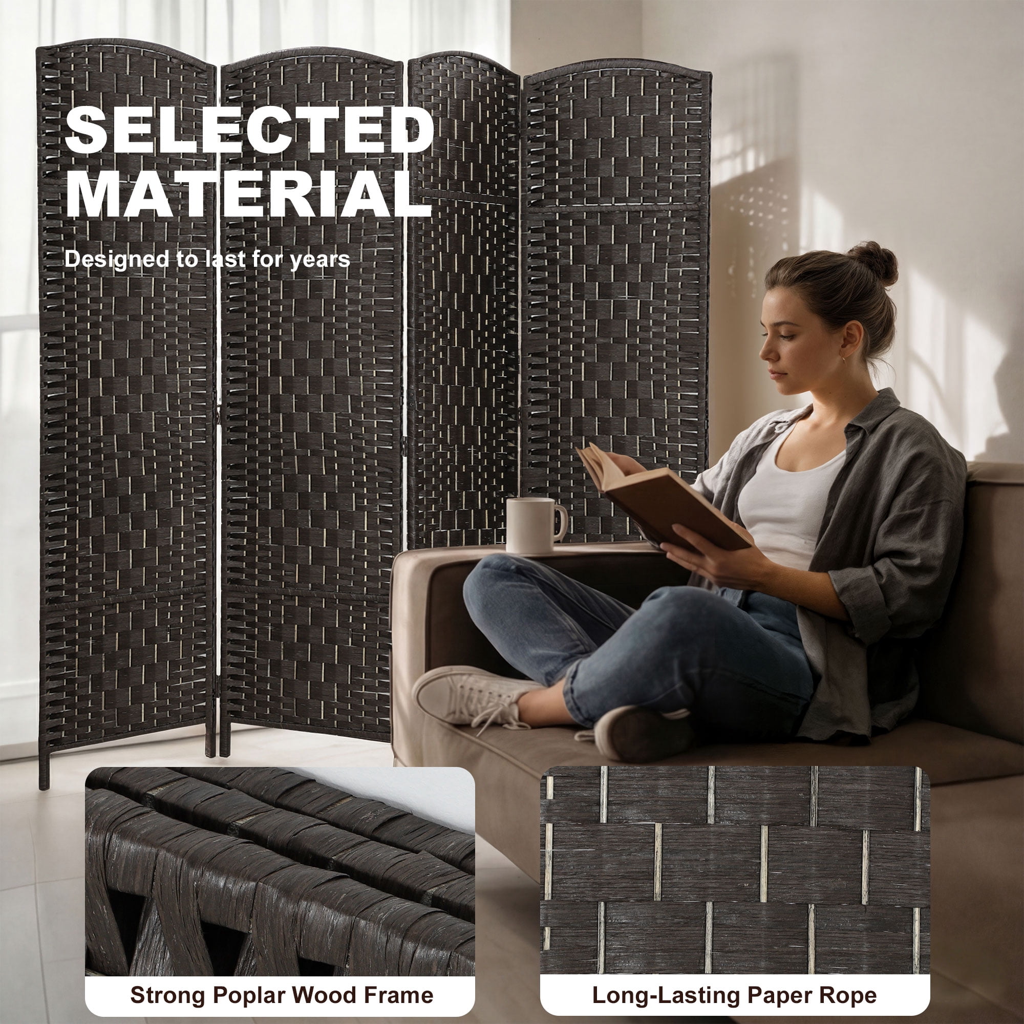 HOMCOM Room Divider, 4 Panel Folding Privacy Screen, 70.9" Tall Portable Wicker Weave Partition Wall Divider for Bedroom, Home Office, Coffee