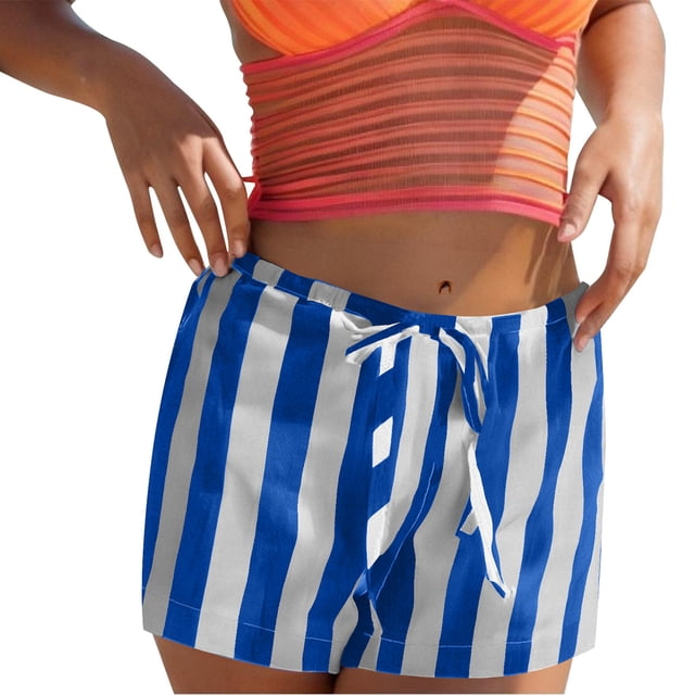 Olyvenn Short Boxeur à Cordon Rayé pour Femmes Taille Basse Jambe Grand Short Décontracté Bas de Pyjama Short de Détente Pj Bleu G
