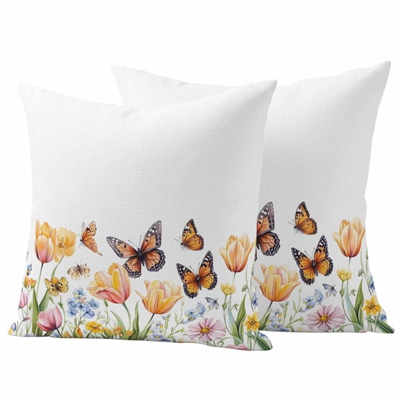 Butterfly Tulip Flowers Pillow Covers 2 Pack Spring Yellow Floral Pillowcase Waterproof Outdoor Throw Pillow Cover for Patio Garden Square Cushion 18”x18”