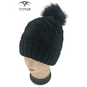 Winter Hat Thick Cable Knit Faux Fuzzy Fur Pom Pom Fleece Lined Skull Cap Cuff Beanie Hat