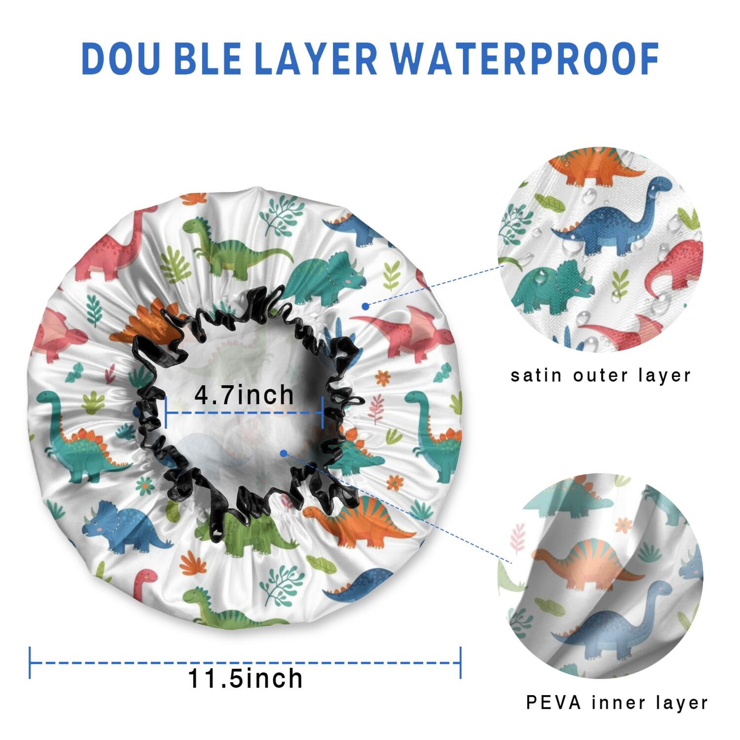 Shower Caps,White Colorful Dinosaur Plant Pattern Waterproof Shower Cap for Women 4 Pieces,Double Reusable Hair Cover for Shower PEVA Elastic Stretch Hem