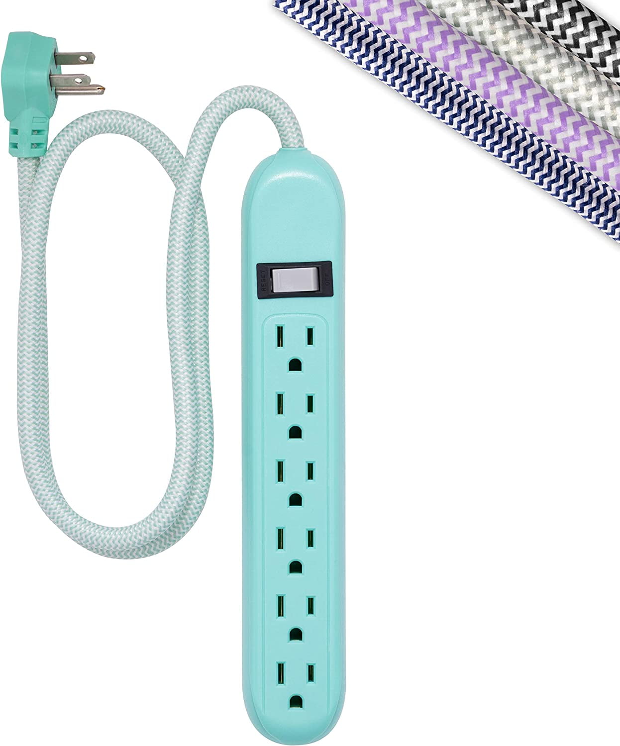 6Outlet Surge Protector, Power Strip, Flat Plug, Braided Cord