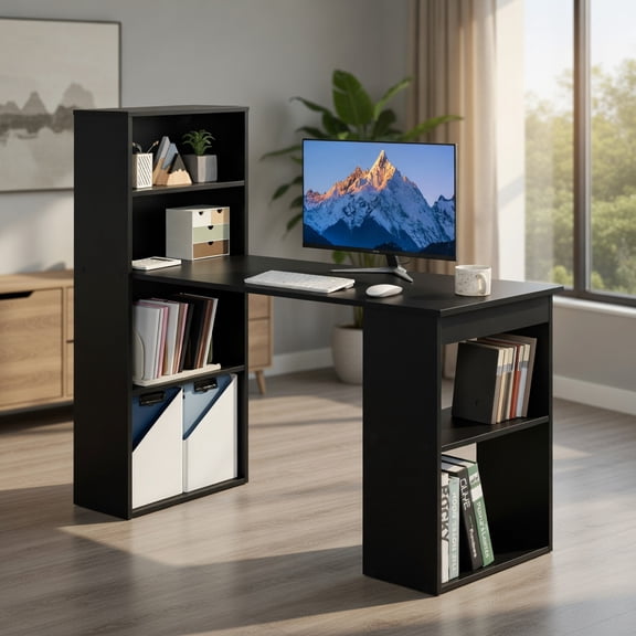 Kadyn Writing Study Desk, Computer Desk, Laptop Workstation Desk,Computer Desk Writing Workstation Office with 6-Tier Storage Shelves-Black