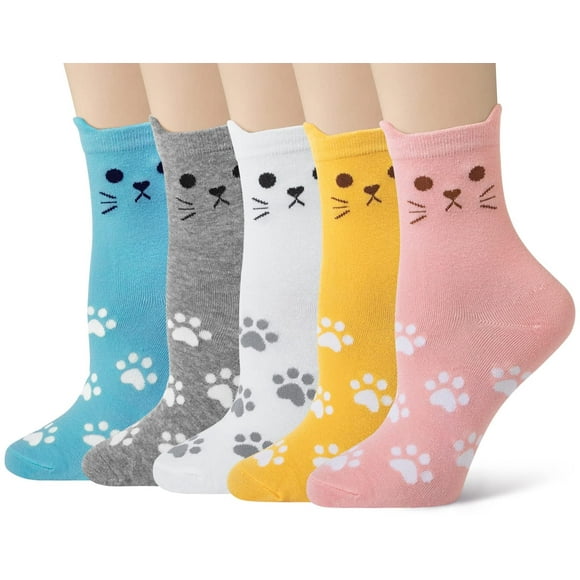 Cute Socks Womens Dog Cat Novelty Animal Socks for girl Cartoon Cotton Casual Crew Funny Socks 5 Pairs, Cat style 1