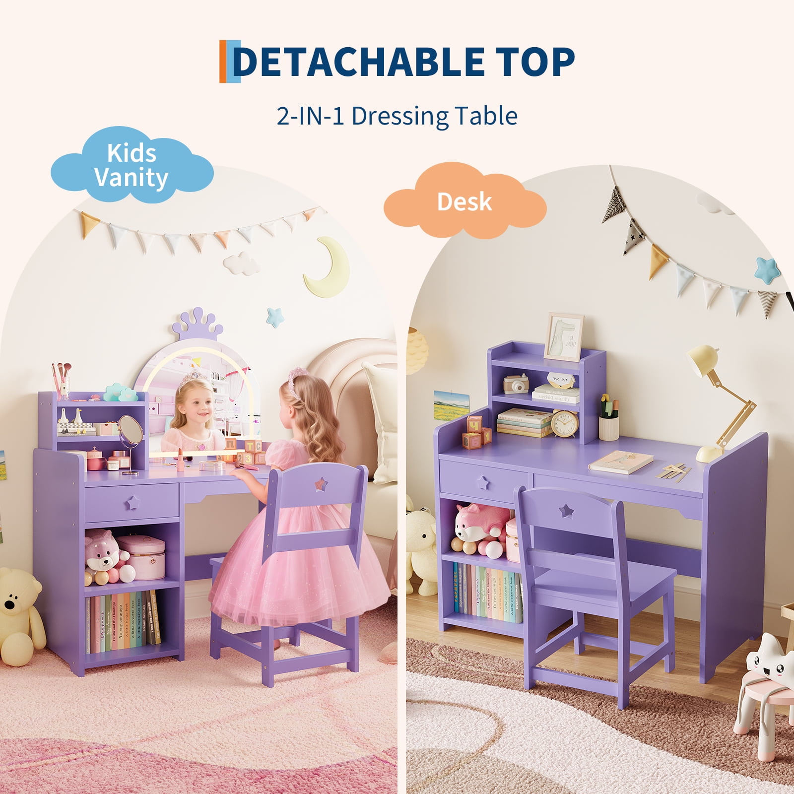 Kids Vanity Set with Lighted Princess Mirror Wooden Makeup Desk with Chair, Drawer & Open Shelves-Purple Dressing Table for Little Girls