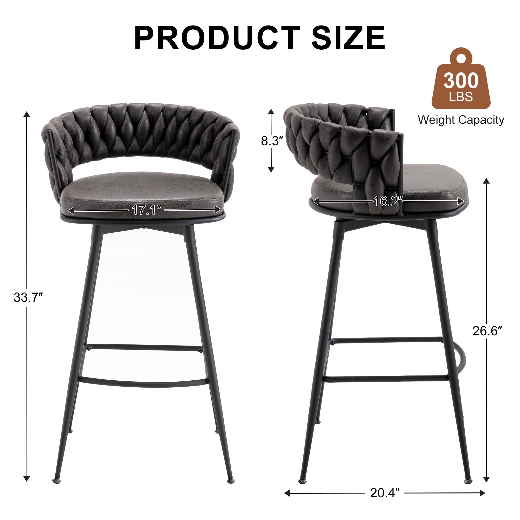 MYFUNT Bar Stools Set of 2, 26" Counter Height Stools, 180° Swivel Woven Back Barstools with Metal Footrest, Modern Bar Stools for Kitchen Island, Cafe, Pub, Blackgray