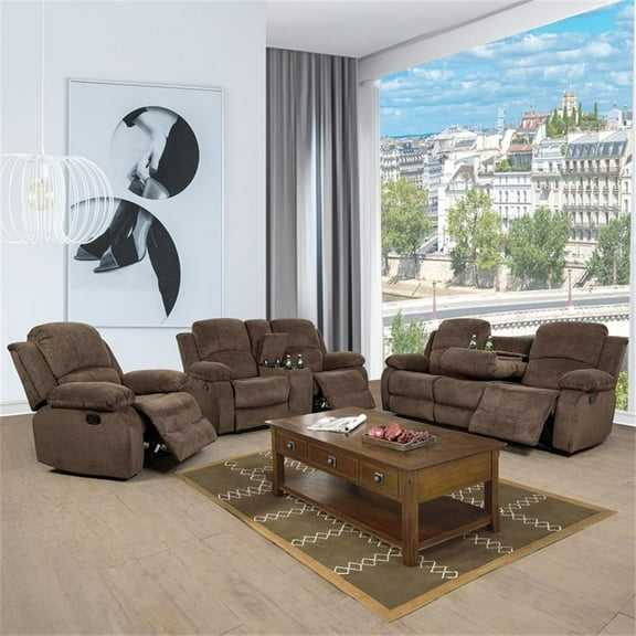 Lifestyle Furniture Rual 3-Pieces Grid Cloth Recliner Sofa Set in Taupe/Brown