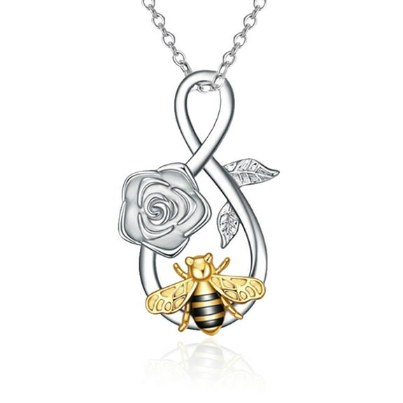 Bee Necklace Sterling Silver Infinity Love Bee Pendant Necklace with Rose Flower Jewelry Gifts for Women Teens