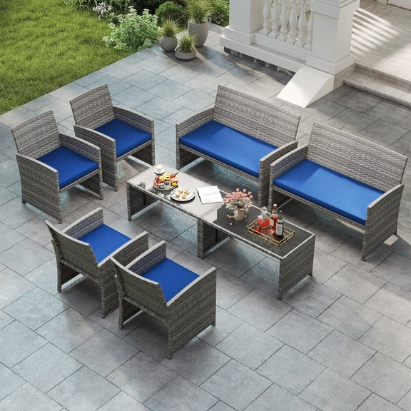 Gymax 8 Pieces Rattan Patio Conversation Furniture Set Outdoor Wicker Cushioned Chairs & Tempered Glass Coffee Table Navy