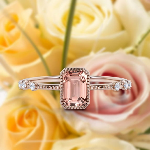 1.25 Carat Emerald Cut Morganite And Diamond Moissanite Thin Engagement Ring, Slim Wedding Ring in 925 Sterling Silver With 18k Rose Gold Plating Holiday Gift, Promise Ring, Anniversary Ring