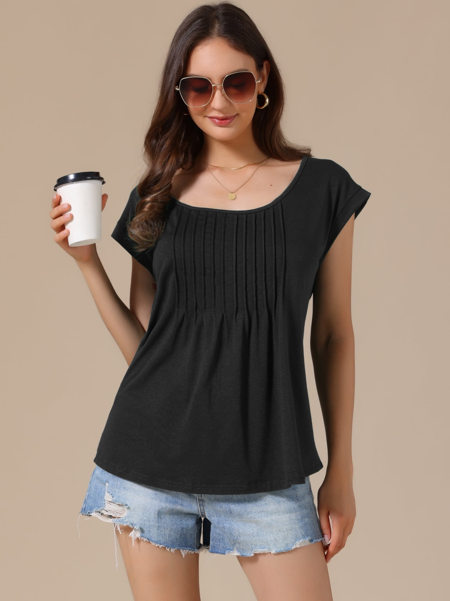 DARING DIVA Women's Cap Sleeve Pleated Round Neck Flowy Casual Blouses S Black