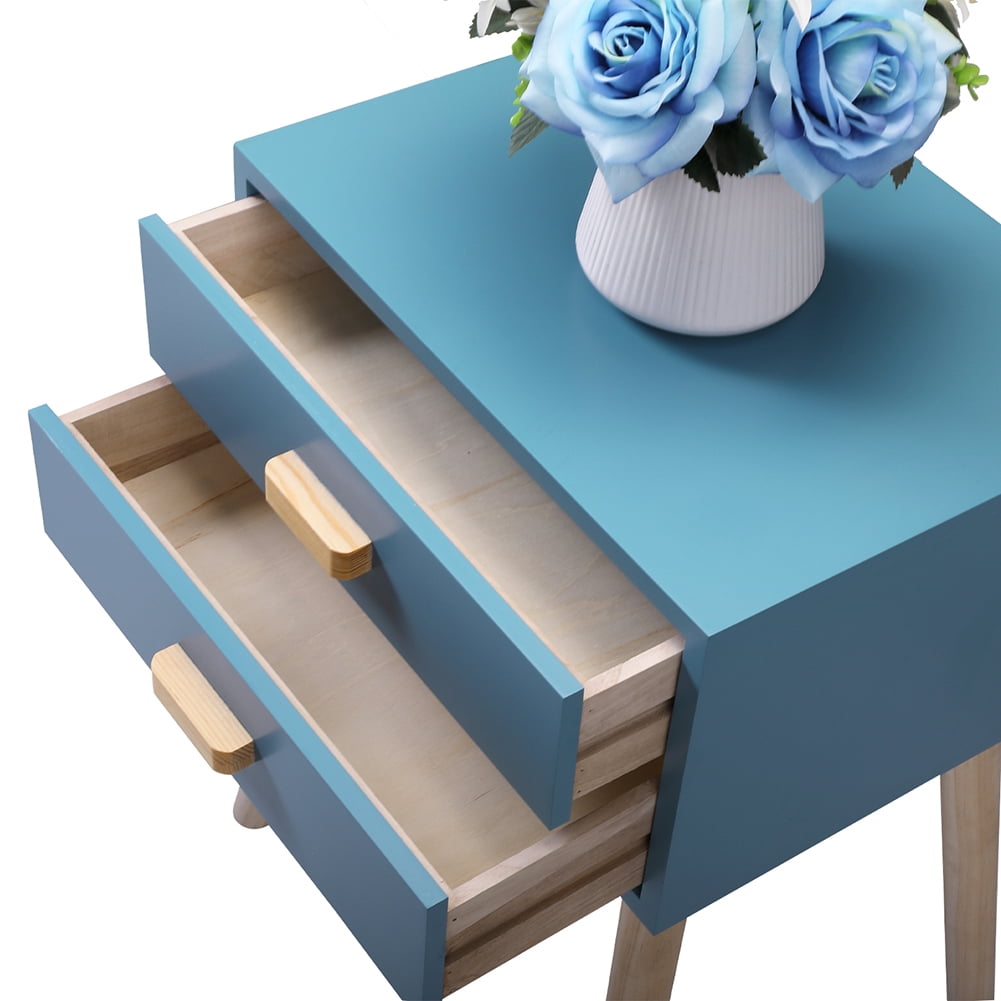 Kadyn Mid-Century Side Table, 2-Drawer Nightstand, Accent or End Table with Storage, Wood, Blue-1PCS