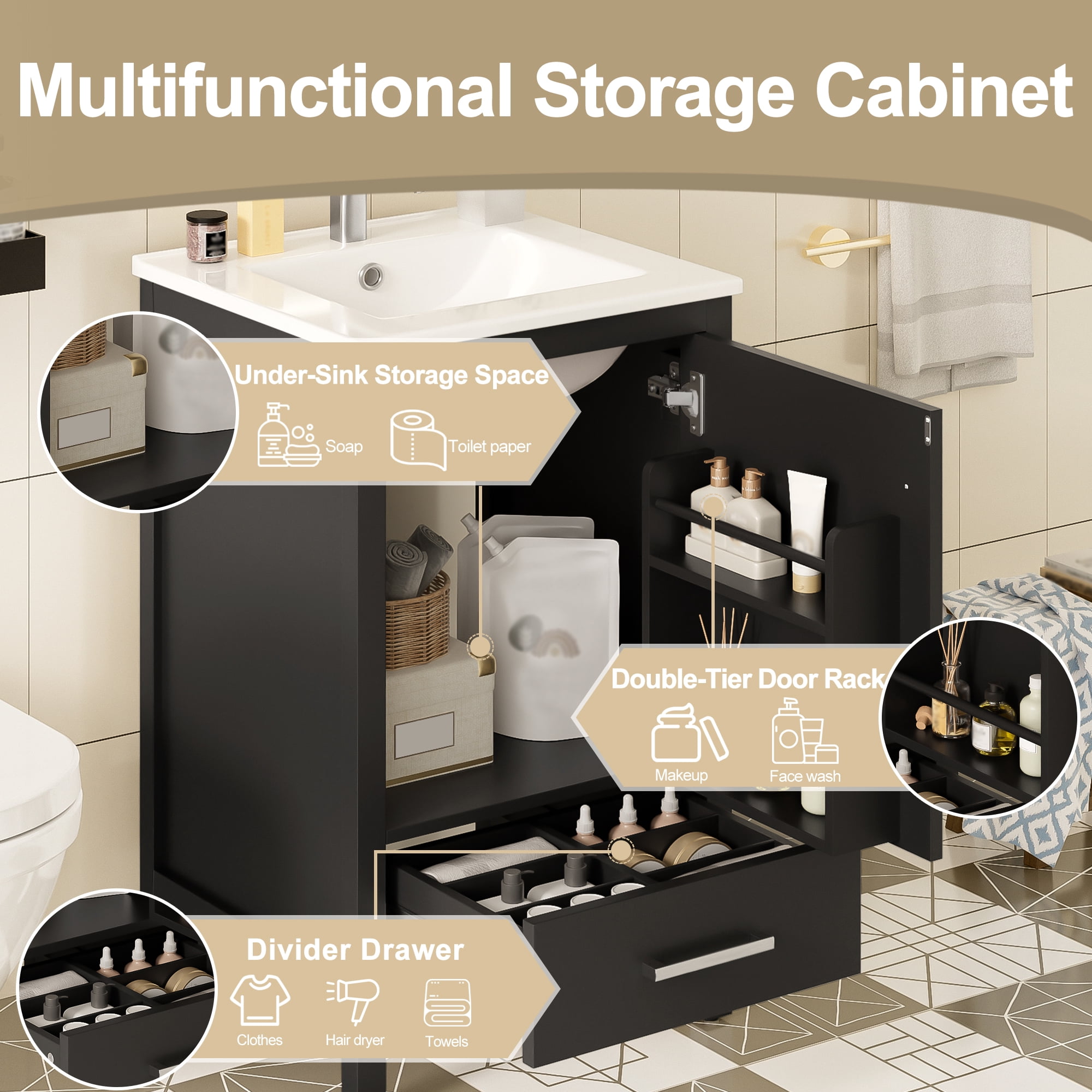 Euroco 20-Inch Modern Bathroom Vanity with Ceramic Sink, Soft-Close Drawer & Door, Double-Layer Door Organizer, Divider Drawer, Adjustable Foot Pads