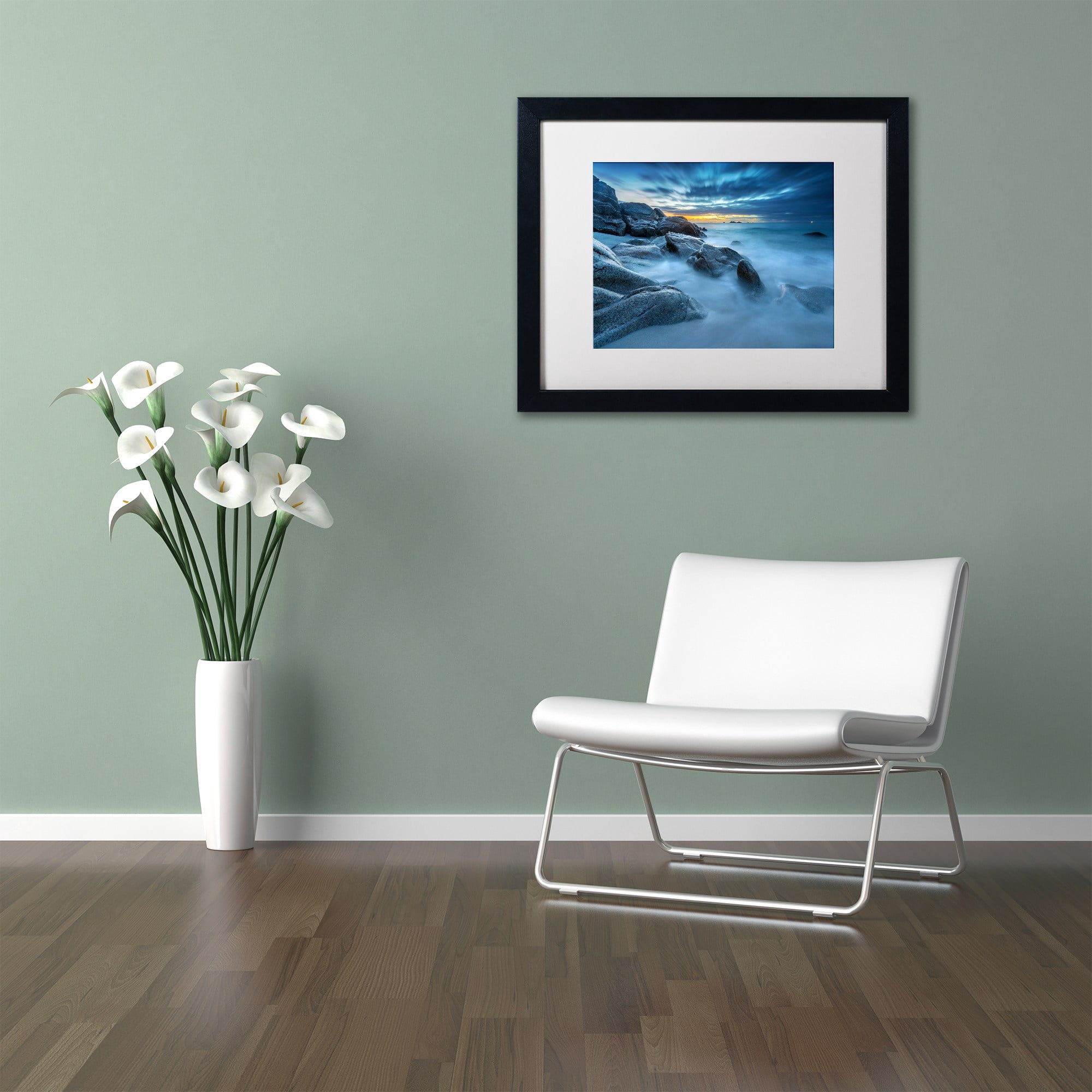 Trademark Fine Art "Blue Hour for a Blue Ocean" Canvas Art by Mathieu Rivrin, White Matte, Black Frame