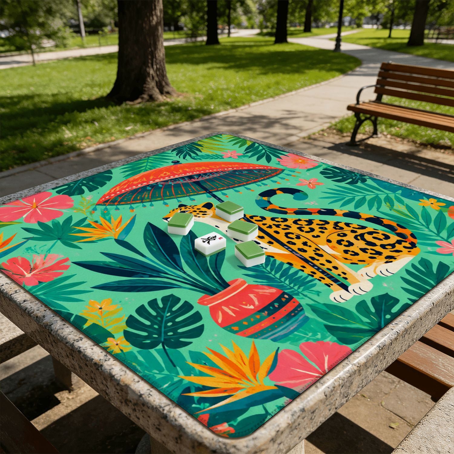 Mahjong Mat 31.5" x 31.5" Sitting Red Umbrellas Blue White Vase Vibrant Tropical Floral Non-Slip Noise Reduction American Mahjong Tiles Table Cover for Dominoes Poker Card Board Games Gift
