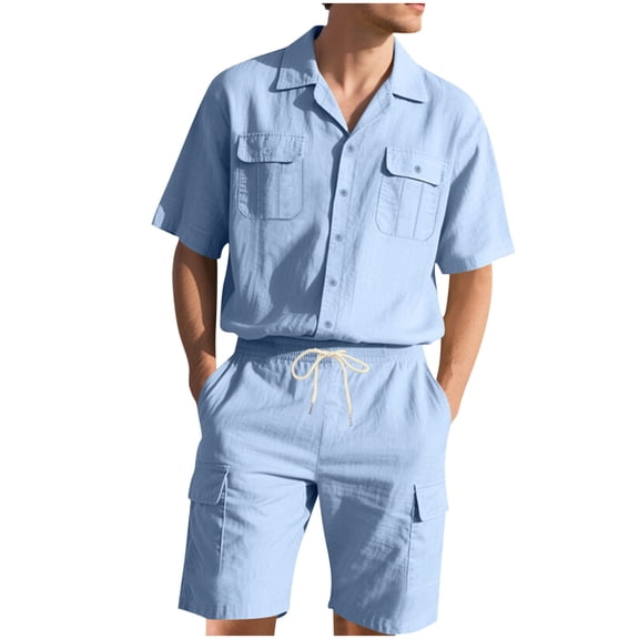 Rvwovn Men's Casual 2-Piece Outfit Button Down Shirt with Cargo Pockets & Drawstring Cargo Shorts