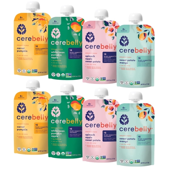 Cerebelly Organic Baby Food Pouches Variety Pack, Veggie & Fruit Purees, 16 Nutrients, No Added Sugar, Fiber & Non-GMO, 4oz, 8 Pack