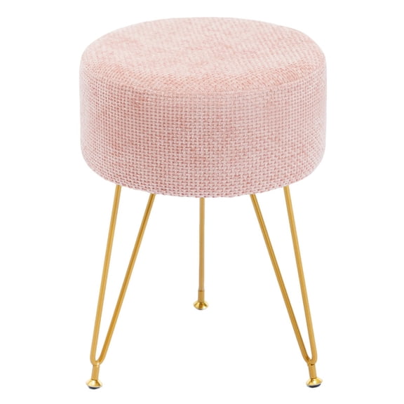 Gianna Round Ottoman, Makeup Cute Soft Small Footstool, Modern Style Faux Fur Seat with 3 Metal Legs for Dressing, Living Room Bedroom Dorm, Pink