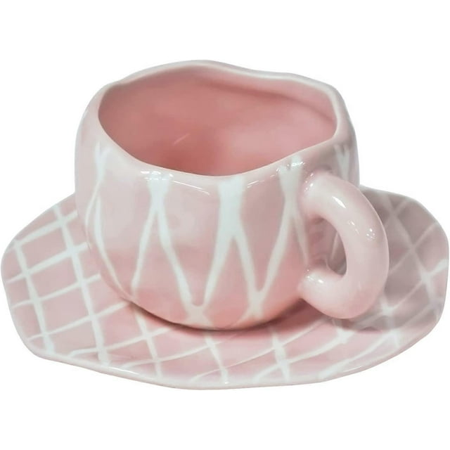Ceramic Coffee Mug with Saucer Set, Cute Creative Cup Unique Irregular Design for Office and Home, Dishwasher and Microwave Safe, 10 oz/300 ml for Lat