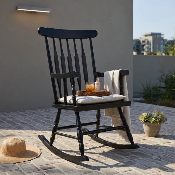 Hommoo Outdoor Rocking Chair, Solid Rubber Wood Patio Rocker with Slatted Backrest, Ergonomic Curved Armrests & High Back Support, Black