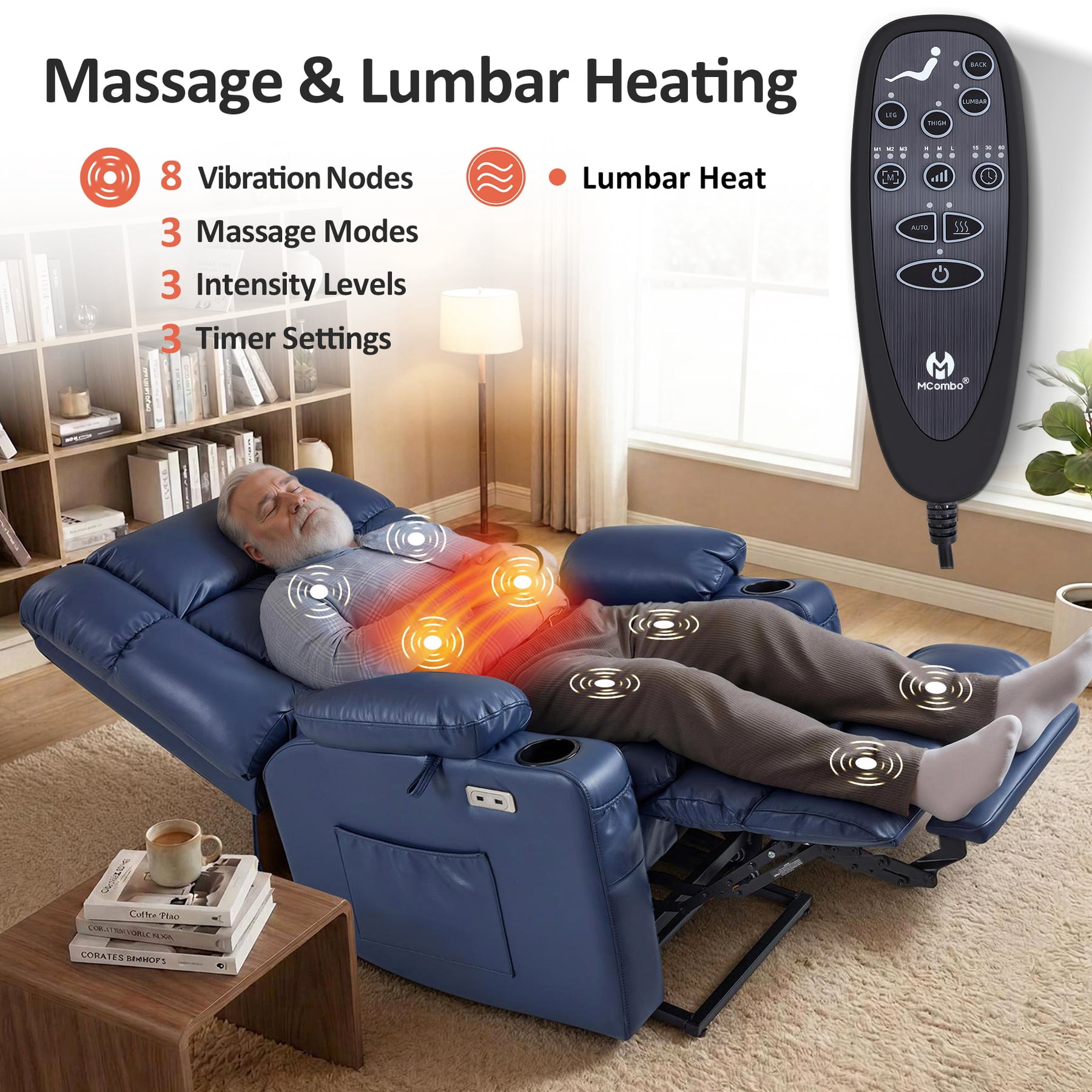 MCombo Oversized Dual Motor Power Lift Recliner Chair for Big Tall Elderly, Infinite Position, Faux Leather, Blue