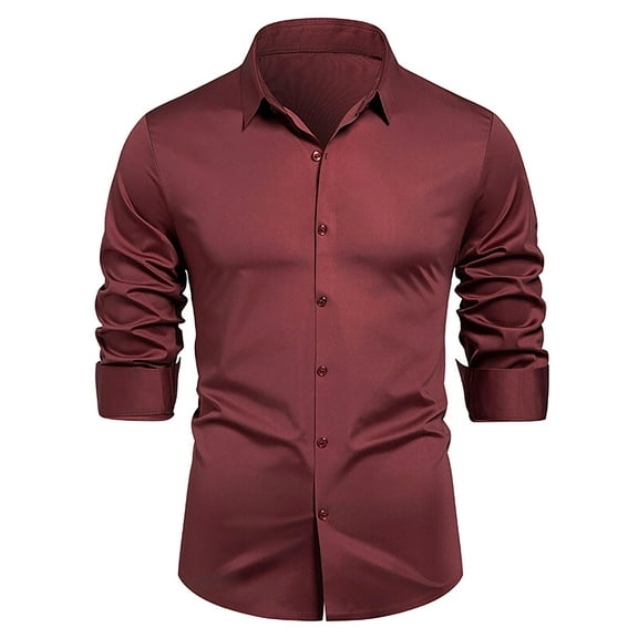 GuangCheng George Men Slim Fit Dress Shirt Long Sleeve Wrinkle Resistant Button Down Collar Classic Lapel Collar Blouses,Red,M