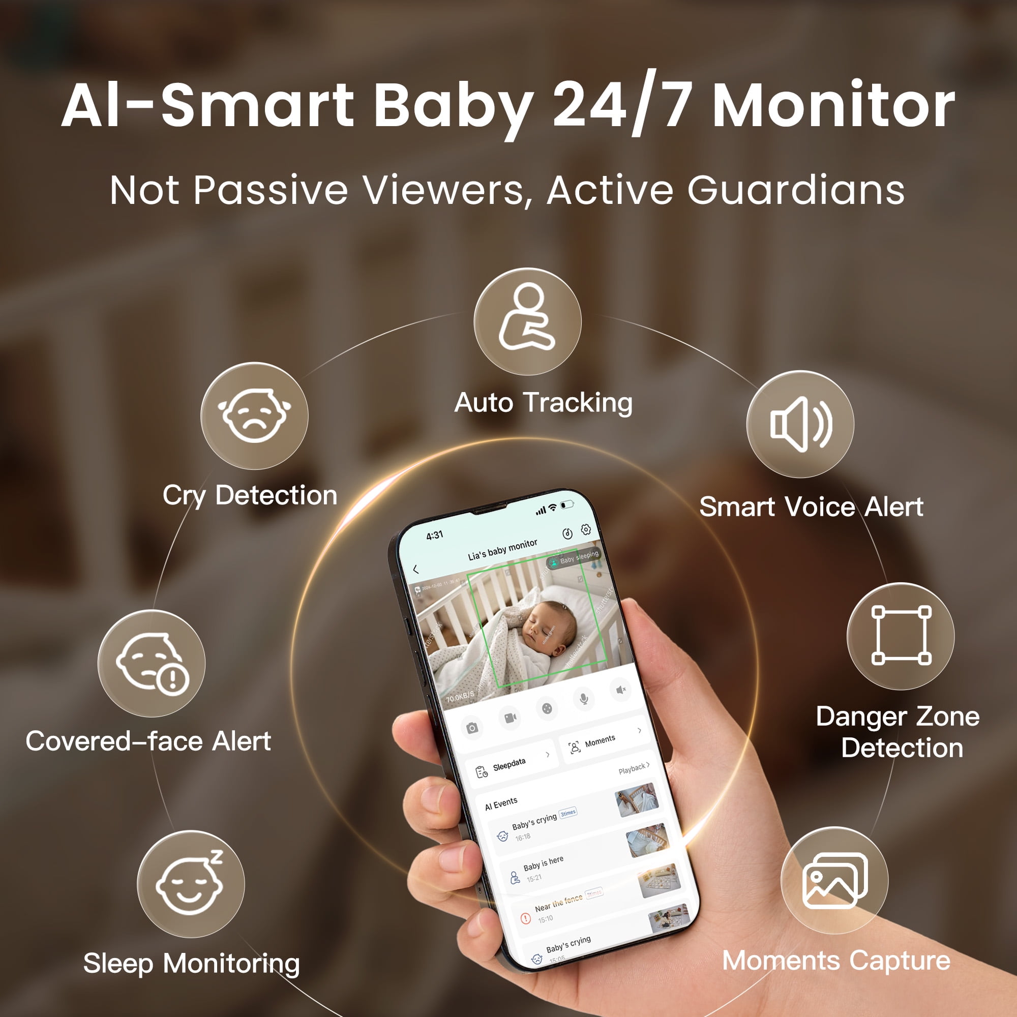 Monai Smart WiFi Baby Monitor with 3K Camera, Free APP with Covered-Face/Sleep/Cry Alerts, Virtual Safety Fence, AI-Powered Smart Baby Monitor, Night Vision, Local Storage & Cloud Backup, Clip Mount