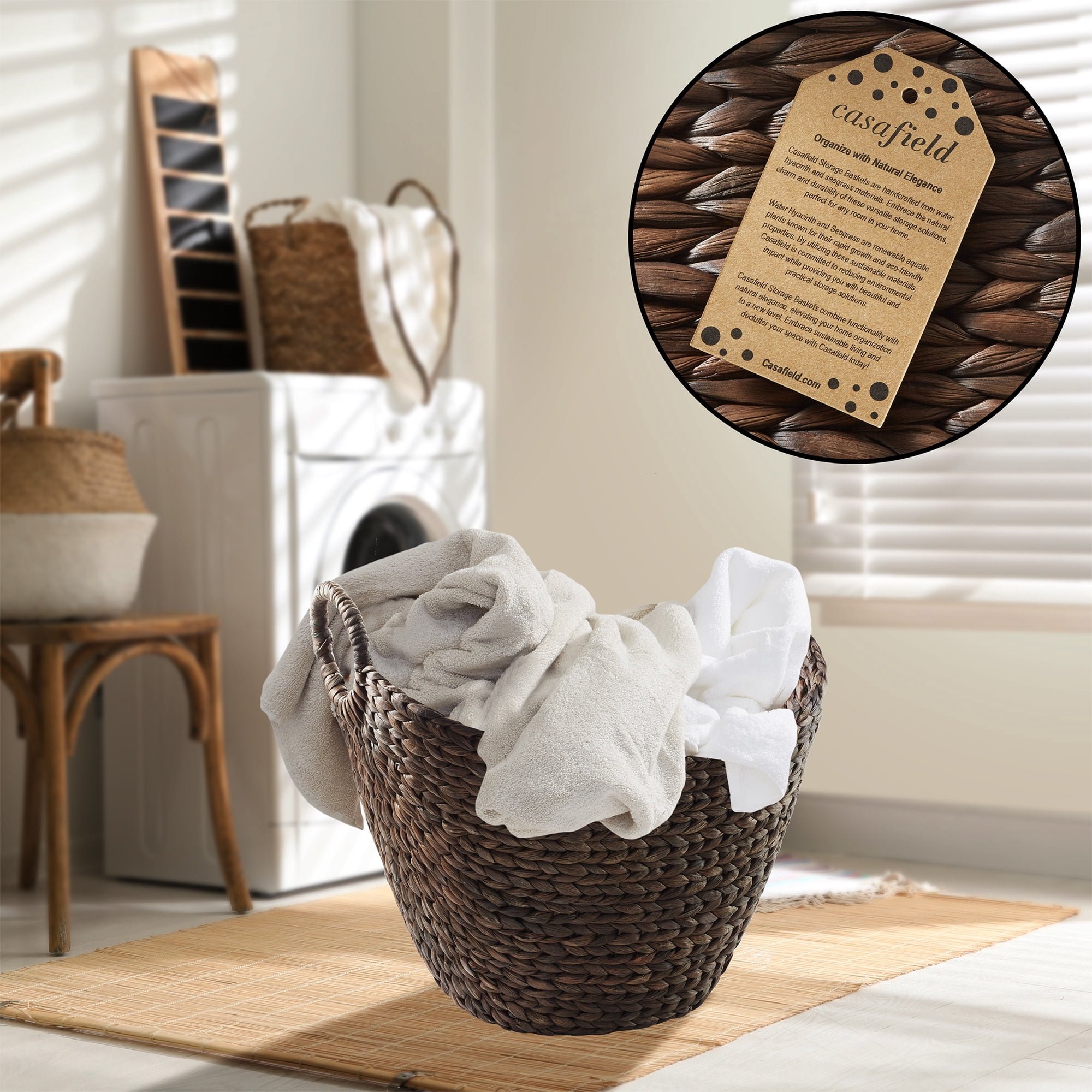 Casafield Large Laundry Boat Basket with Handles - Espresso, Woven Water Hyacinth Storage Tote for Blankets, Bathroom, Bedroom, Living Room