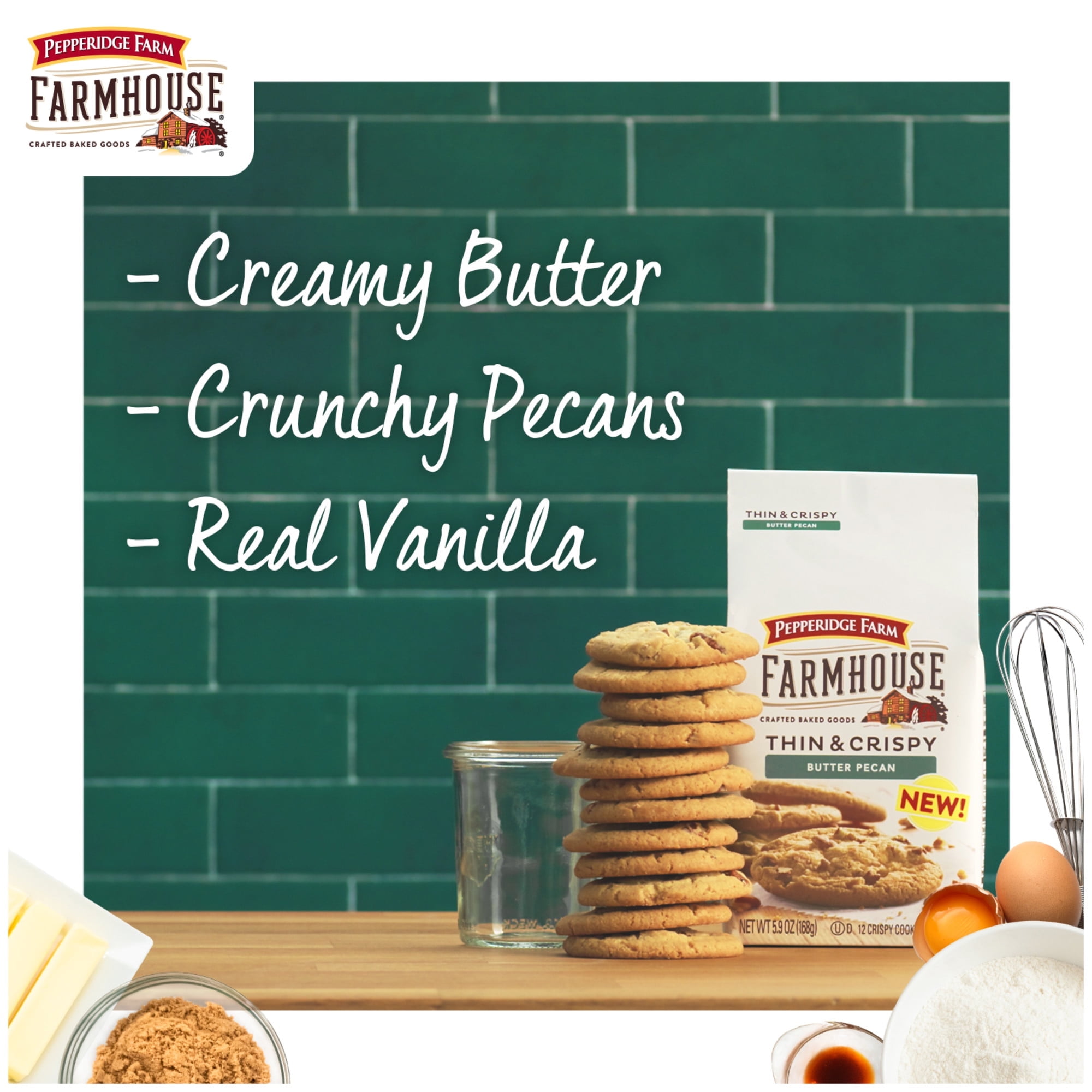 (4 pack) Pepperidge Farm Farmhouse Thin & Crispy Butter Pecan Cookies, 5.9 oz Bag