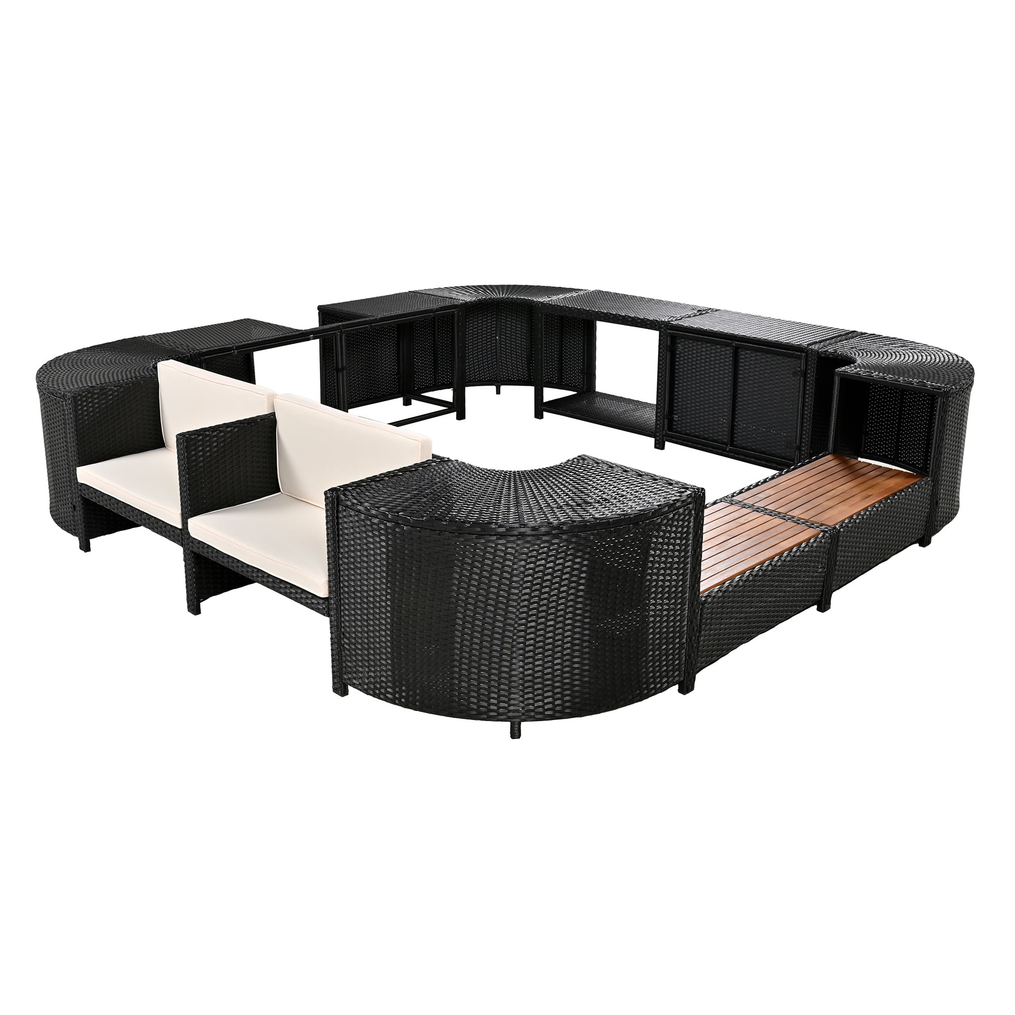 Hot Tub Outdoor Rattan Furniture Set, Surround Outdoor Spa Sectional Sofa Frame, Loveseat with Beige Cushions, Wooden Bench, Storage Cabinet, Large Top Space