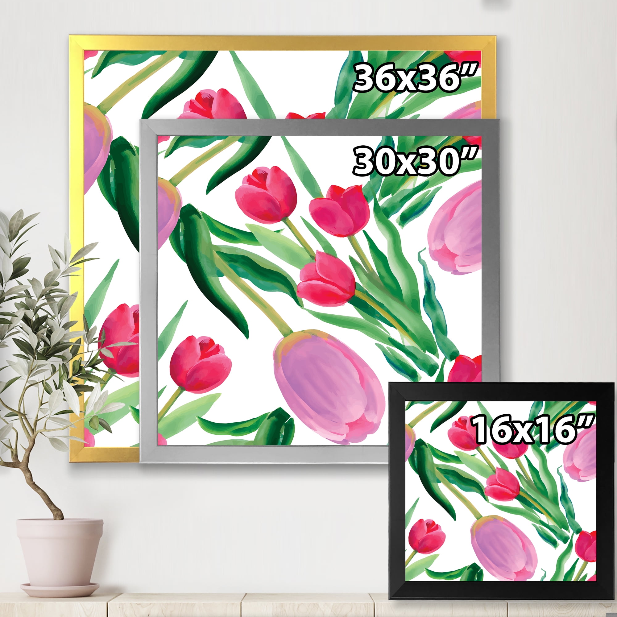 Designart 'Blooming Beautiful Pink Tulips Flowers On White' Traditional Framed Art Print