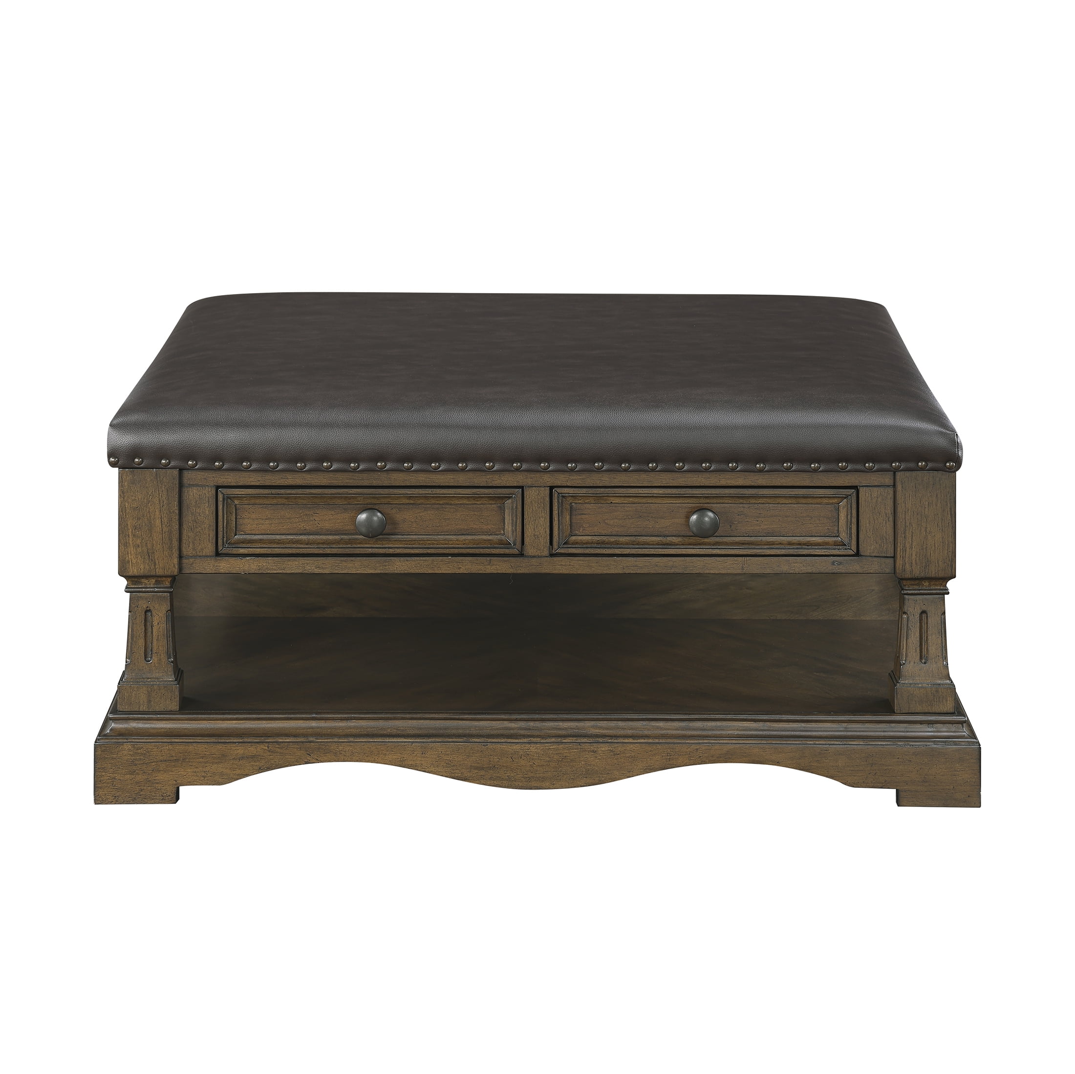 OakvillePark Soren Wooden Coffee Table with 4 Drawers, Faux Leather Upholstered Top, Casters, Dark Brown
