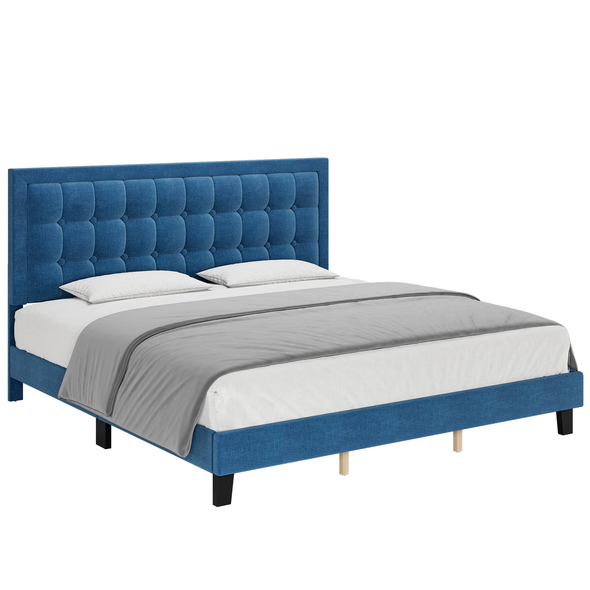 Full/Queen/King Size Bed Frame with Upholstered Button Headboard, Modern Upholstered Platform Bed with Heavy Duty Base and Wood Slat Support, No Box Spring Required, No Noise, Easy Assemble