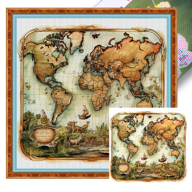 Kit Punto Cruz Con Mapa Impreso Hilo Algodón Ecológico Bordado 16CT 50x50cm