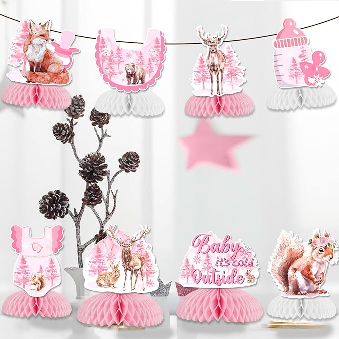 Baby Shower Honeycomb Centerpieces for Girl, Woodland Baby It's Cold Outside Baby Shower Decorations Pink for Winter Woodland Baby Shower Gender Reveal Party Supplies