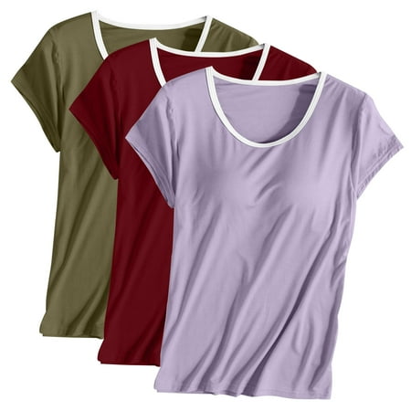 ibuvkizy Summer Tops for Women 2024 Clearance 3PC Womens Built in Bra T Shirt Padded Active Yoga Plus Size Tops Solid Color Crew Neck Short Sleeves Blouses Soft Pajama Casual Workout Shirts