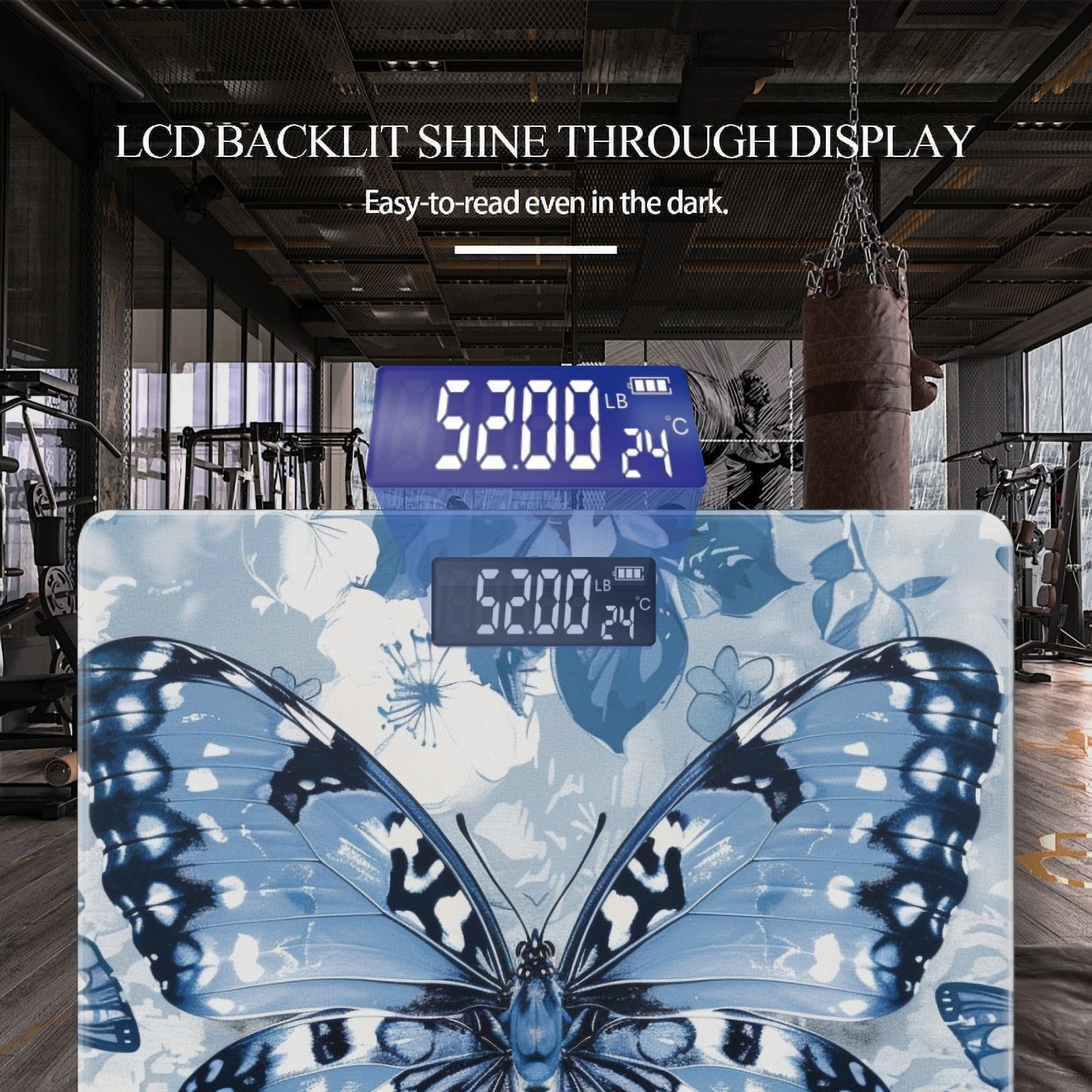 High Precision Body Weight Scale Smart Bathroom Scales with Large LCD Display(400lbs),Decorative for Bedroom-Blue Butterflies And White Flowers