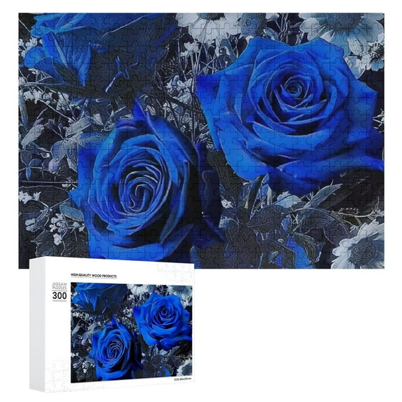 JRXY Blue Rose Wooden Jigsaw Puzzle Challenging Difficult Wood Puzzles for Adults Gift for Family Friends 300 PCS