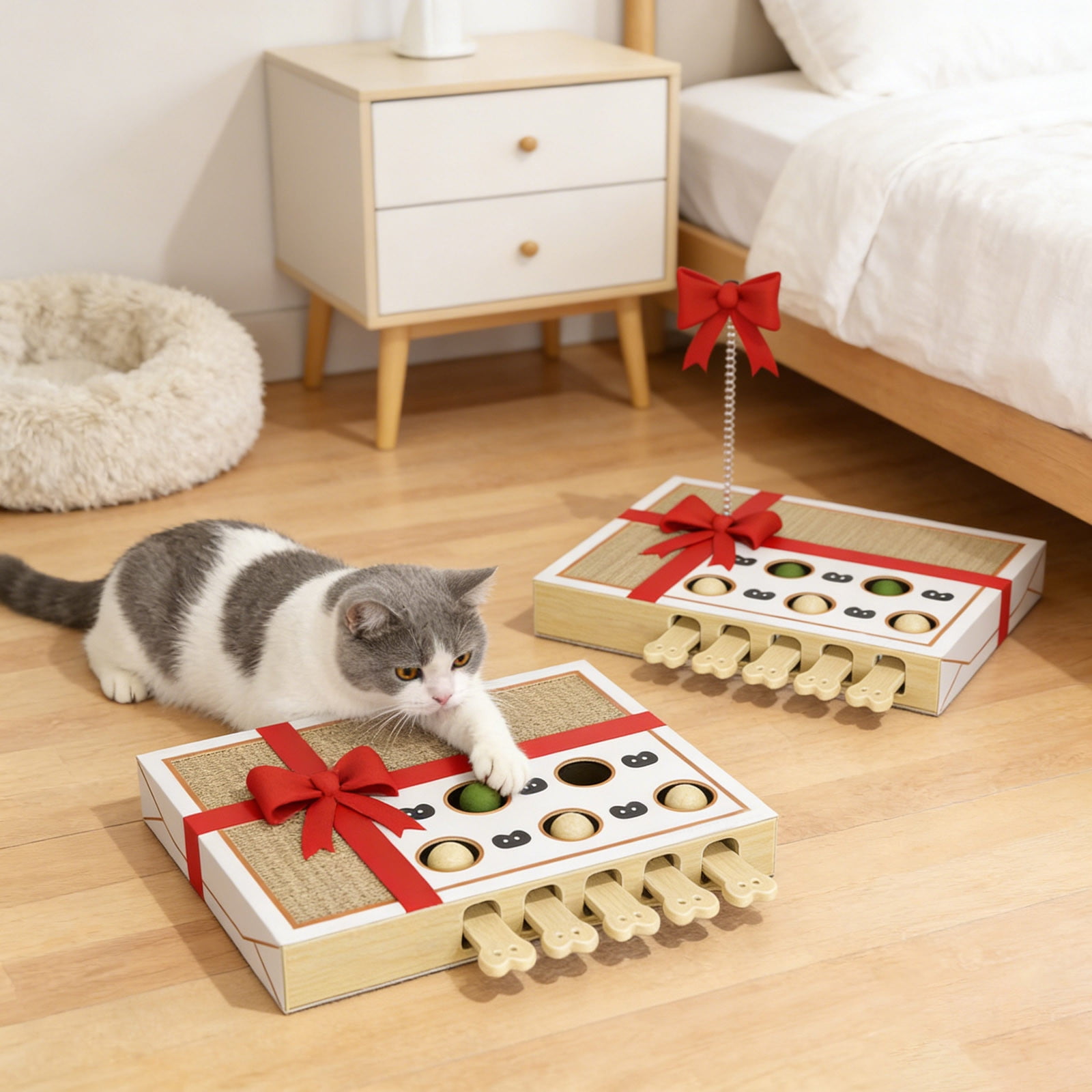 Cat Puzzle Scratching Board with 5 Popping Balls - Interactive Whack-A-Mole Cat Toy with Scratch Pads and Wooden Levers, Durable Puzzle Toy for Kittens Adult Cats to Reduce Boredom & Anxiety
