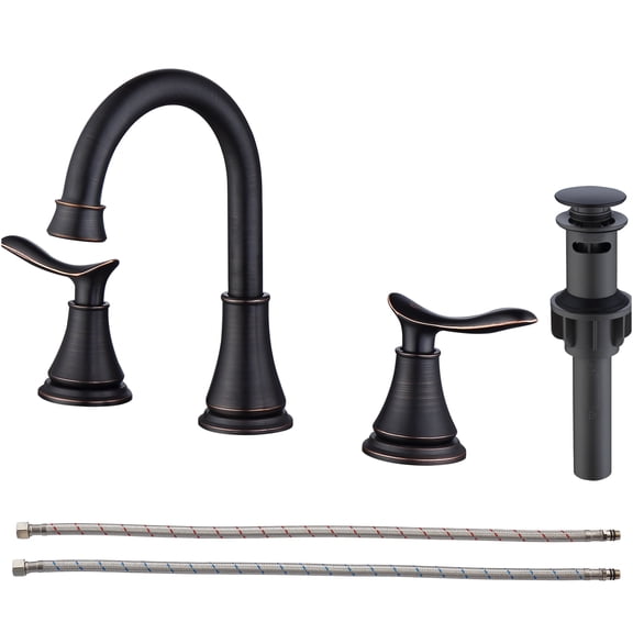 JERFIT 8 inch Widespread Bathroom Faucet with Drain, Oil Rubbed Bronze Finish, 2-Handle 3-Hole Deck Mount Basin Tap with 360° Swivel Spout and cUPC Certified Hoses