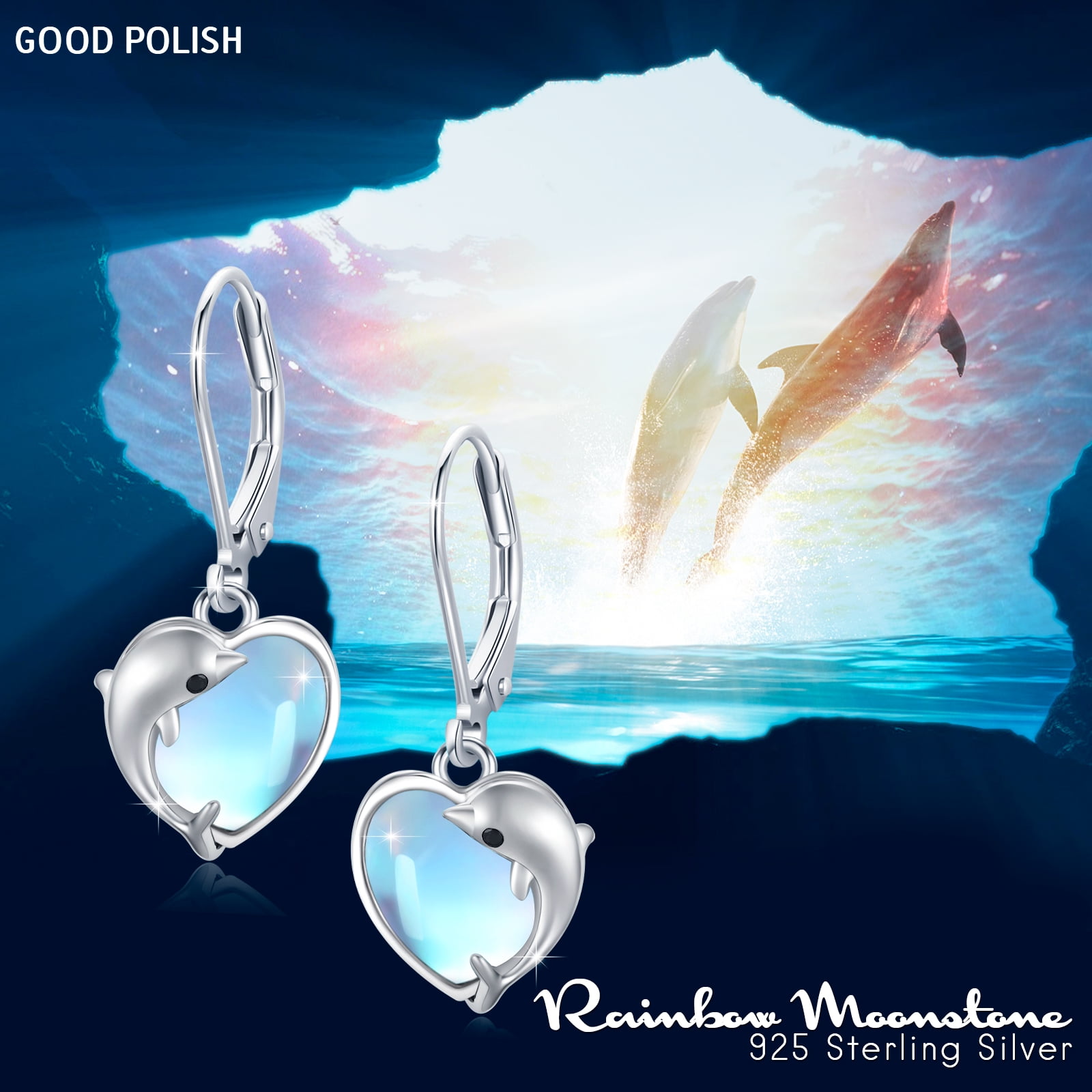 AOVEAO Dolphin Drop Dangle Earrings 925 Sterling Silver Lever Back Heart Moonstone Earrings Fashion Jewelry Birthday Xmas Gift for Women Daughter Niece Mom Wife