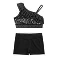 thumbnail image 3 of CHICTRY Kids Girls Asymmetrical Shoulder Sequins Crop Top with Shorts for Dance Gymnastics Performance Competition Black 10, 3 of 7