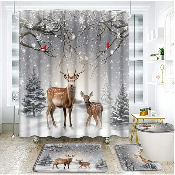 4 Piece Christmas Winter Deer Shower Curtain Set with Rugs, Toilet Lid Cover ,Grey Winter Forest Snowfield Wildlife Elk Red Birds Pine Tree Reindeer Happy New Year Bathroom Shower Curtain with Hooks