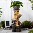 thumbnail image 2 of 4 Tiered Solar Water Fountain Outdoor Garden, 35.6" Tall Cascading Bowl Leaf Carved Outdoor Waterfall Fountains Modern Water Feature with Dual Planters for Garden, Patio, Deck, Yard, Indoor Decor, 2 of 9