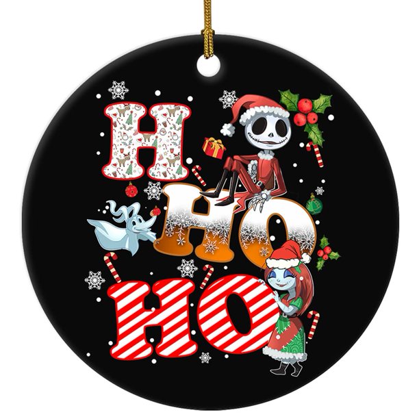 Adorno navideño divertido de cerámica de Jack Skellington y Sally para colgar en el árbol de Navidad. Adorno navideño de pesadilla para decorar el árbol de Navidad. Adorno Ho Ho Ho para decorar el hog