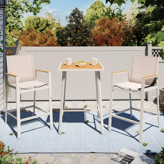 KAMEROUT 3 Pieces Patio Outdoor Bar Set, All-Weather Textilene Bar Chairs and Wood-Like Height Table, Metal Counter Bar Stools and Table for Garden, Deck, Balcony