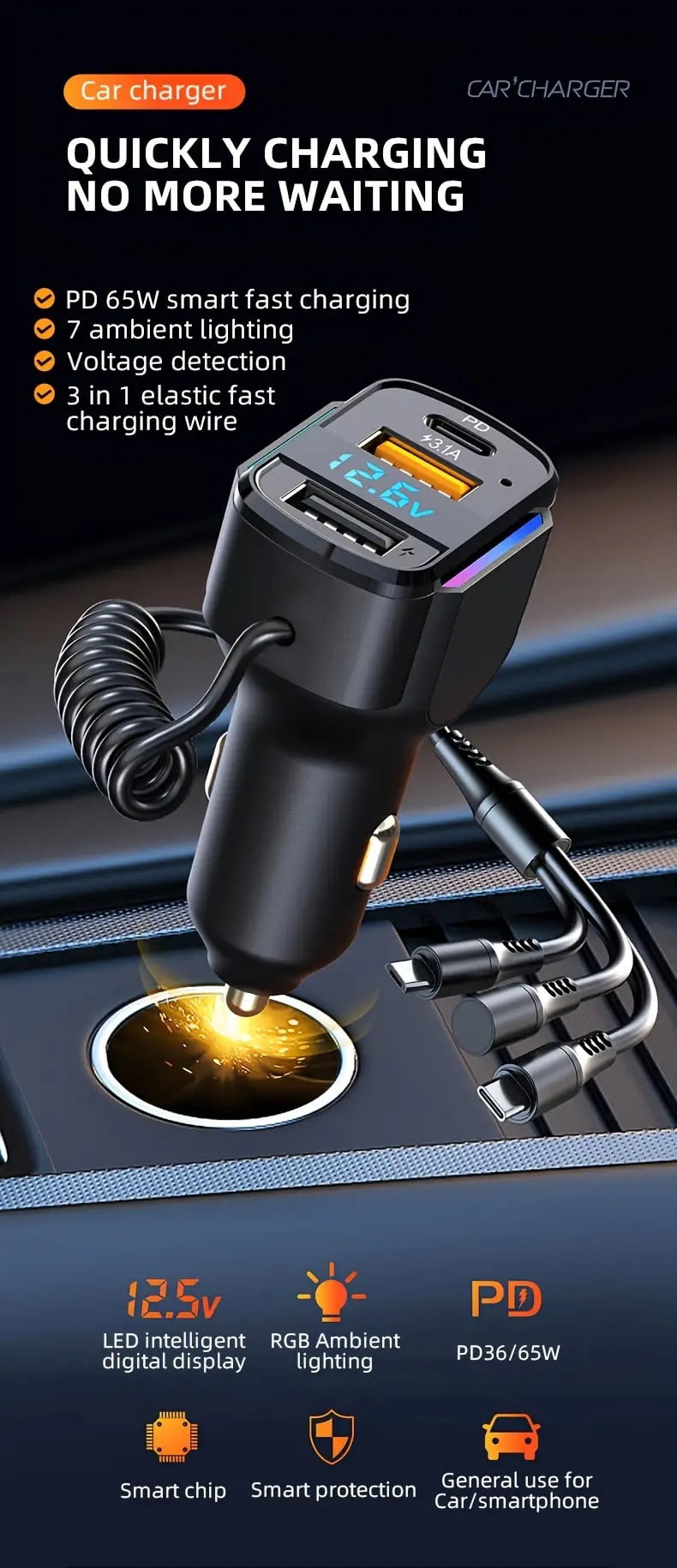 65W USB C Fast Car Charger with PD Quick Charge, Dual Port Cigarette Lighter Car Charger with LED Display, 3 in 1 Elastic Charging Cable, for iPhone and Android