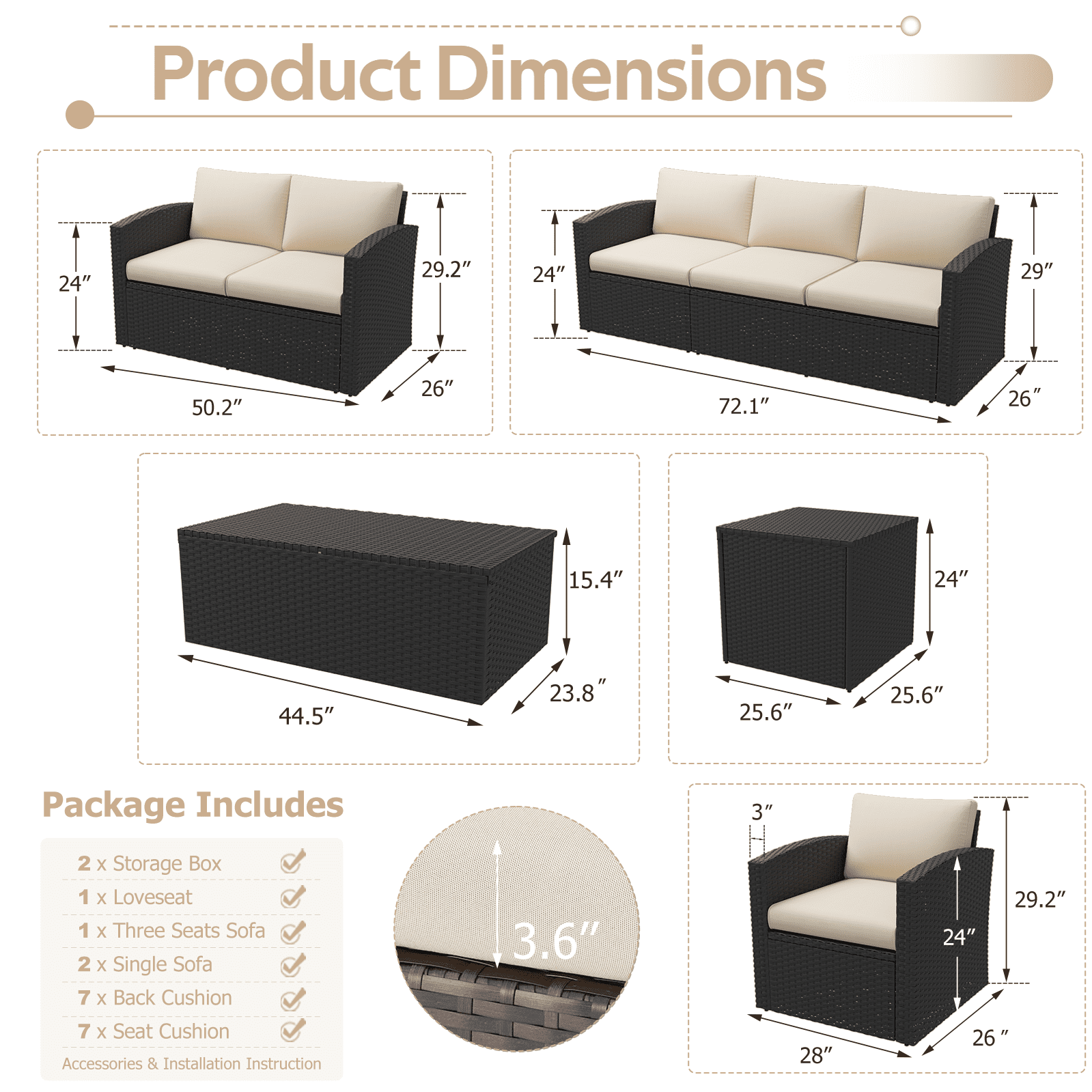 AECOJOY 7 Pieces Outdoor Furniture Set with Two Storage Boxes, Rattan Wicker Sectional Sofa Couch Patio Conversation Set, Black & Biege
